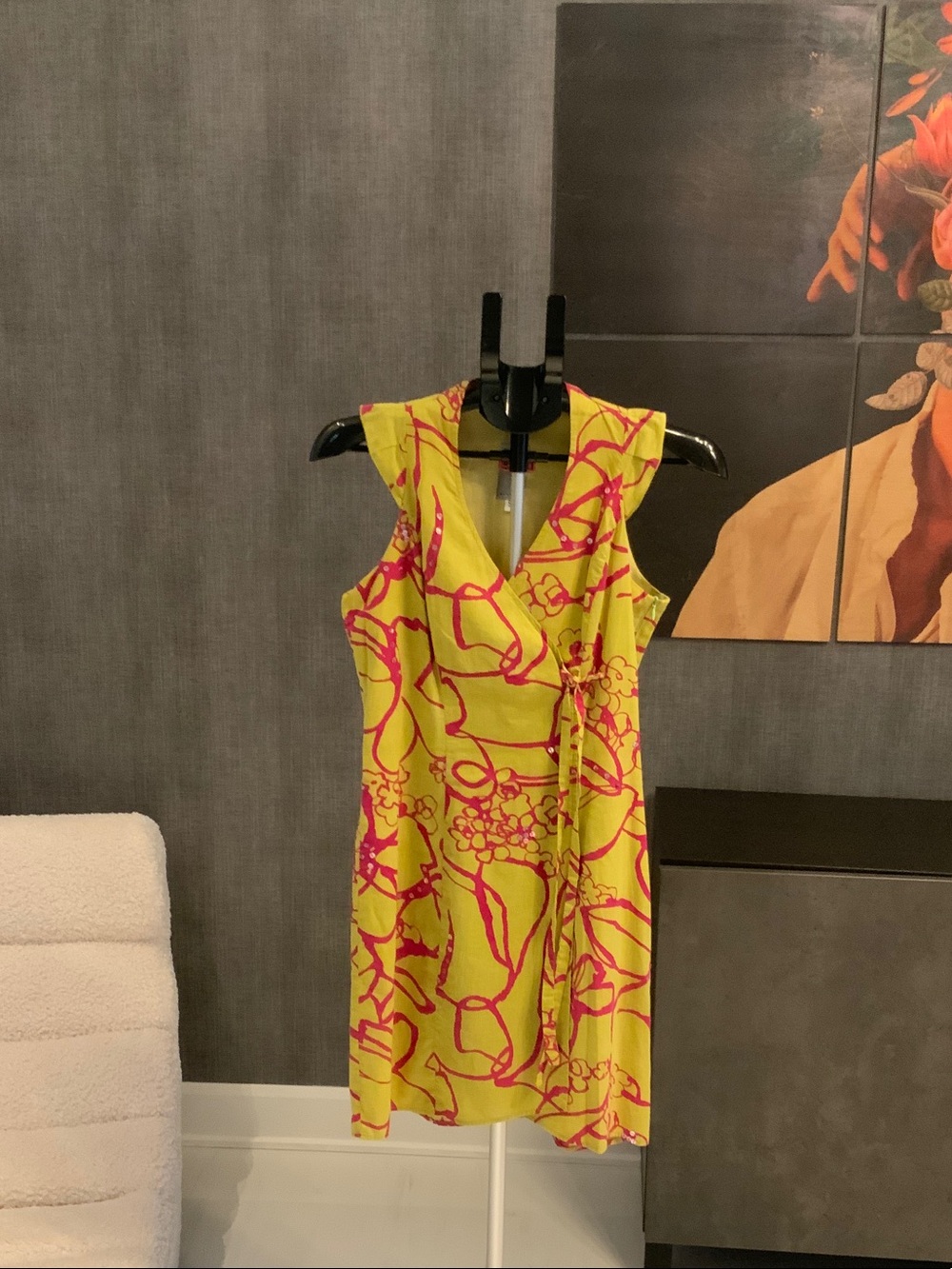 Bright Lime Sleeveless Wrap Mini Dress with Fushia Floral Print 5